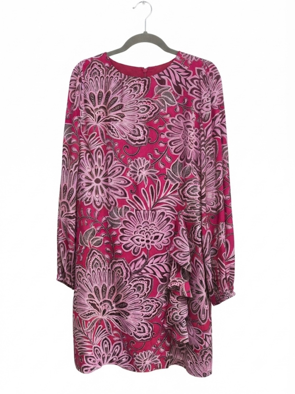 LOFT Magenta Kiss Paisley Floral Ruffle Flare Mini Dress Size 12 NWT